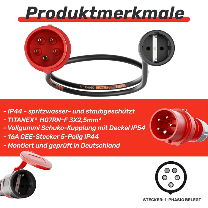 Адаптер NWP 1,5 м 16A 400V з високовольтної вилки на розетку Schuko 230V - IP44 - гумовий шланг 3x2,5 мм