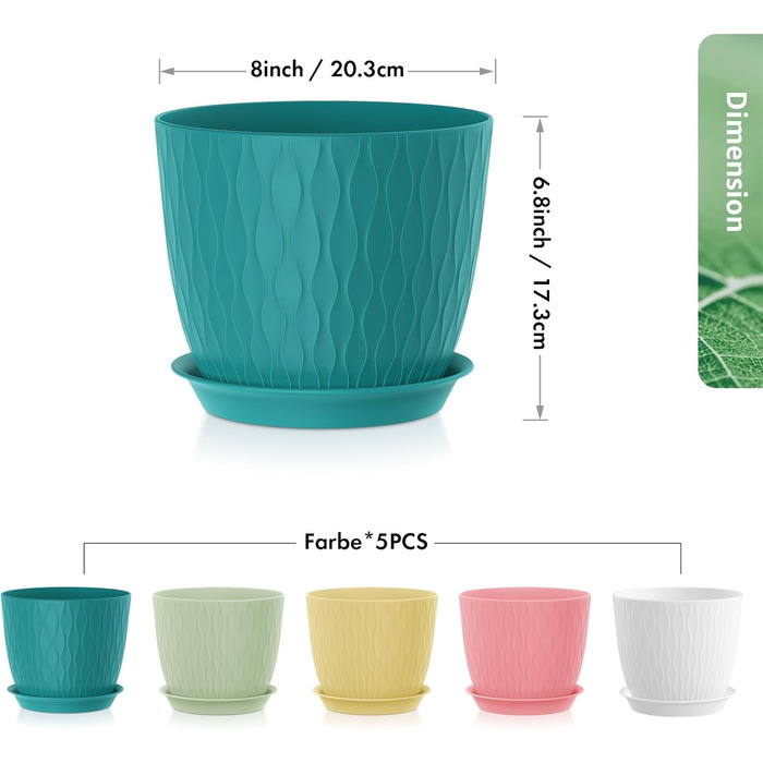 Набір з 5 квіткових горщиків із системою поливу, горщики для рослин діаметром 20,3 см із системою поливу, кашпо з блюдцем, набір квіткових горщиків, ідеально підходить для кімнатних та балконних садів, різнокольорові 8 дюймів
