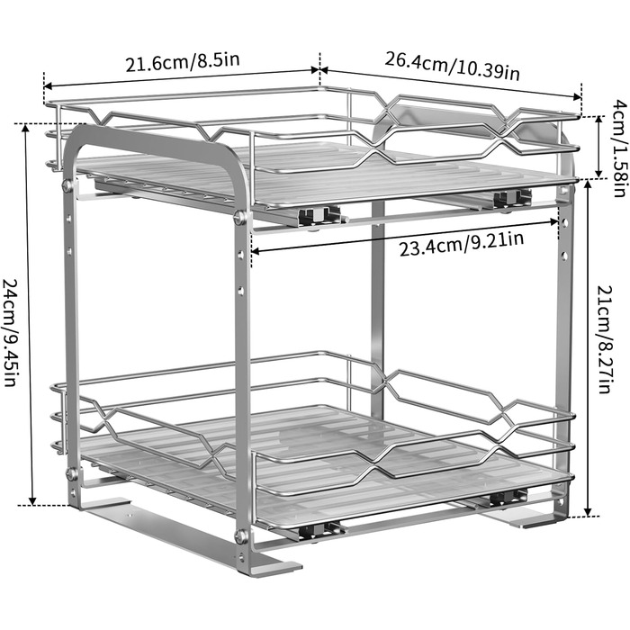 Розсувна підставка для спецій, органайзер для спецій з нержавіючої сталі, 2-рівневий кухонний органайзер з регульованою висотою, система підставок для спецій для кухонних шаф, стояча підставка для спецій для внутрішньої частини шаф, 26,4 см x 23,4 см x 23