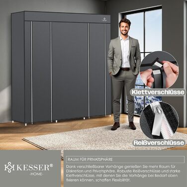 Тканинна шафа KESSER, міцна з вішалкою для одягу та полицями, вкл. 5 вішалок для одягу, тканинна складна шафа для спальні, гардеробна з вішалкою для одягу, 150x45x175 см, антрацит