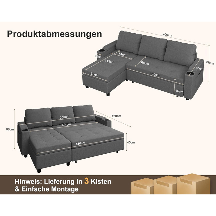 Кутовий диван Devoko зі сном та ящиком для зберігання речей, L-подібний диван, 3-місний розкладний диван-ліжко, лляна кушетка, невеликий розкладний диван для квартири та вітальні, темно-сірий, 200 см - L темно-сірий
