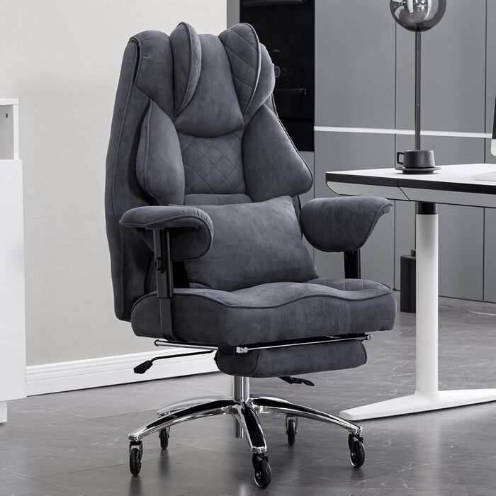 Ергономічне офісне крісло, вантажопідйомність 200 кг, крісло керівника з підставкою для ніг, робоче крісло з поперековою опорою, зручне широке сидіння XXL, потовщена оббивка, регульована висота, штучна замша сірого кольору