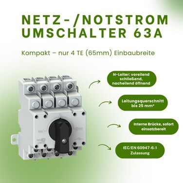 Аварійний вимикач живлення Merz - 63A - 4-полюсний вимикач навантаження - аварійний режим відключення мережі - компактний вимикач живлення (лише 4TE), включаючи вбудований місток (перемикач 63A)