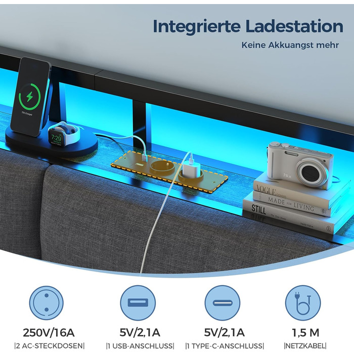 Розкладний диван-ліжко з висувним ліжком, кушетка 90x200(180x200) см, розкладна кушетка зі світлодіодним освітленням та зарядною станцією (2 розетки змінного струму, 2 порти USB), односпальне та двоспальне ліжко, гостьове ліжко сірого кольору 90x200 см/18