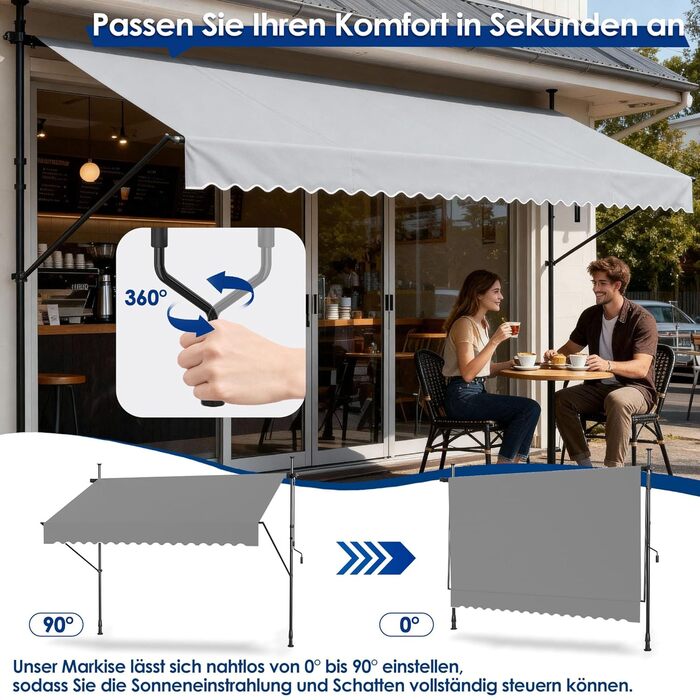 Тент Aufun з кріпленням на щипці та ручним кріпленням, балкон 200 x 120 см, світло-сірий, балконний тент без свердління, сонцезахисний тент з поліестеру, стійкий до ультрафіолету та регульований по висоті, накриття для патіо