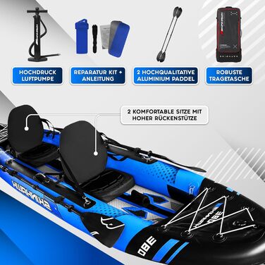 Ексклюзивний синій набір для каяків SKINHAWK 380 Надувний човен Каное 380 x 96 см Каяк на 2 особи. Набір для каяків Skinhawk 380 з алюмінієвим веслом