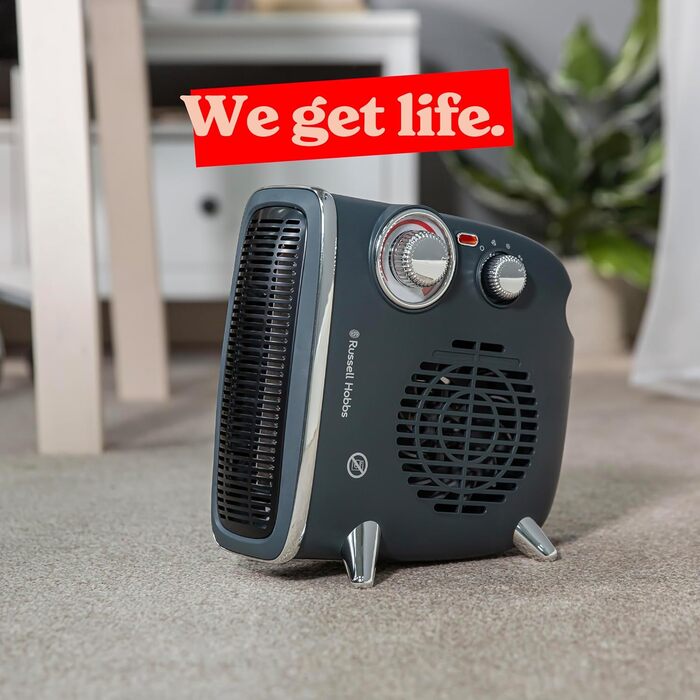 Електричний обігрівач Russell Hobbs, 1800 Вт/1,8 кВт, горизонтальний/вертикальний ретро-вентилятор, сірий з регульованим термостатом, 2 режими нагріву, підходить для приміщень площею до 20 м, поворотний регулятор, RHRETHFH1001G з 2-річною гарантією