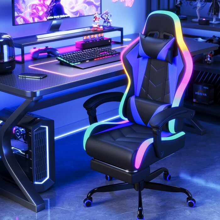 Ігрове крісло JUMMICO зі світлодіодним освітленням, круте гоночне ігрове крісло, ергономічне офісне крісло з функцією масажу, регульована спинка 90-135, з телескопічною підставкою для ніг, ігрове крісло вантажопідйомністю 150 кг, синє
