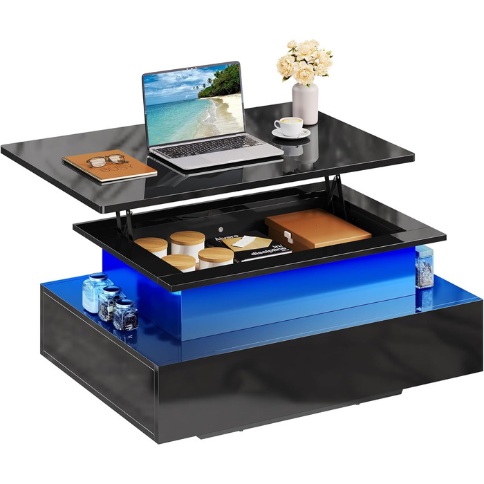 Журнальний столик з регульованою висотою, глянцевий стіл для вітальні з підйомною стільницею, сучасний диванний столик з 16-кольоровим світлодіодним підсвічуванням та 2 шухлядами