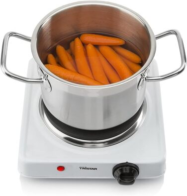 Гаряча плита Tristar KP-6185 Ø 15 см 1000 Вт нержавіюча сталь з термостатом ідеально підходить для кемпінгу біла одинарна конфорка