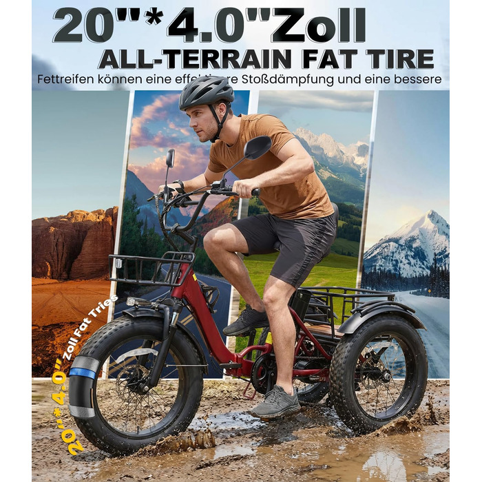 Електричний триколісний велосипед KAKIGO для дорослих, товсті шини 20x4, складаний алюмінієвий електровелосипед, двигун 250 Вт, 65 Нм, акумулятор 48 В 15,6 Аг, 25 км/год, передній та задній кошики, диференціал, запас ходу 90 км, червоний, з тримачем для т