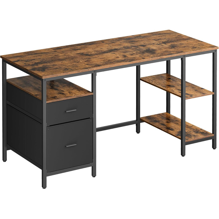 Комп&39ютерний стіл, офісний стіл, письмовий стіл, з 3 полицями, 2 шухлядами, 140 x 60 x 76 см, для офісу, вітальні, індустріальний стиль, вінтажний коричнево-чорний LWD104B01 140 x 60 см Вінтажний коричневий чорний