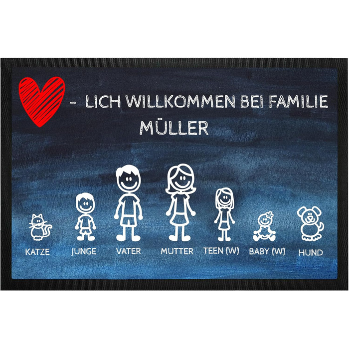 Персоналізований килимок для родини та собаки 60x40 см з іменем, сімейними фігурками та мотивом собаки нековзний, легко чиститься для вхідних дверей, подарунок на новосілля 40 x 60 см (прямокутний)