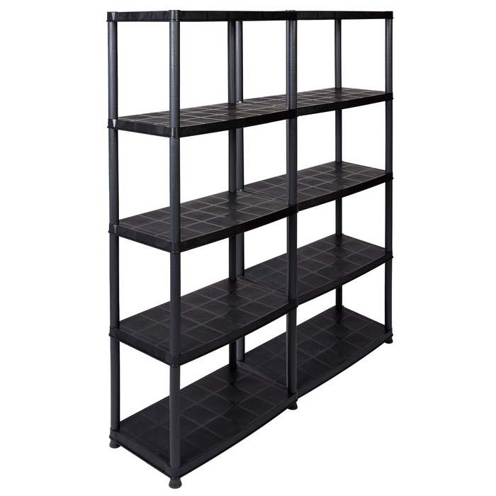 Набір Kreher Value з 2 пластикових стелажів, підвальні стелажі, стелажі для зберігання, 5 полиць чорного кольору. Максимальне навантаження 150 кг на полицю. 71 x 38 x 171 см (В). Сертифіковано TV Rheinland.