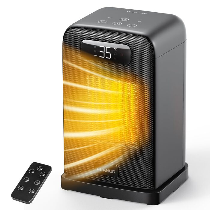 Енергозберігаючий вентилятор-обігрівач, керамічний вентилятор-обігрівач потужністю 1500 Вт з PTC, термостатом та пультом дистанційного керування, режим ECO, 12-годинний таймер, захист від перегріву та перекидання, тихий електричний обігрівач з рівнем шуму