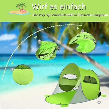 Пляжний намет GYMAX Pop-Up для 3-4 осіб, автоматичний пляжний намет із захистом від ультрафіолету 50, розкладний намет із дверима на блискавці та вентиляційним вікном, у комплекті сумка для перенесення, для кемпінгу на пляжі, зелений