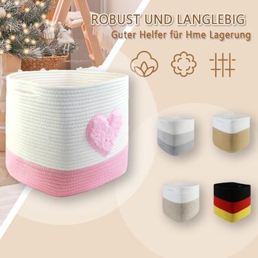 Кошик для зберігання, 28 x 28 x 28 см, квадратні плетені кошики з бавовняної мотузки, маленькі плетені кошики для сортування, для дитячих кімнат, офісів, декоративні. (Набір з 2 шт., Рожеве серце) Набір з 2 Рожевих сердець