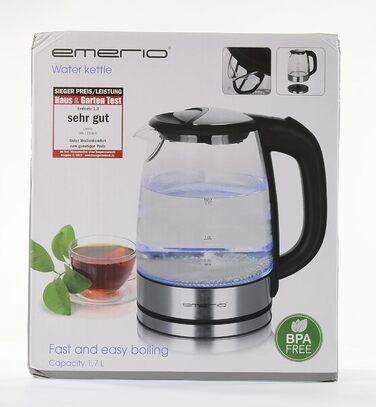 Скляний чайник EMERIO ємністю 1,7 л 2200 Вт синє світлодіодне внутрішнє освітлення підставка на 360 Переможець тесту Ціна/якість д