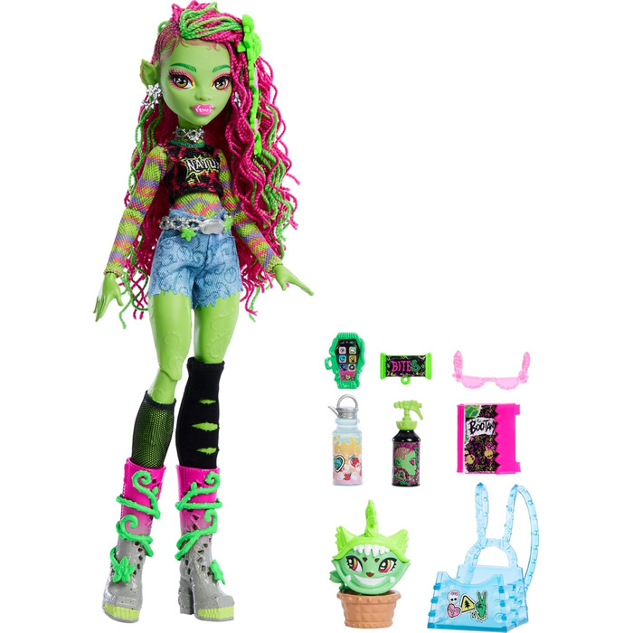 Лялька Monster High Venus McFlytrap з рослинним монстром-кітом Чуліаном та аксесуарами, такими як рюкзак, блокнот, снеки тощо, HRP81 Lime Green