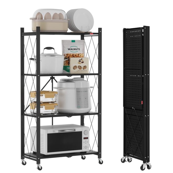 Складана полиця DEANIC, книжкова шафа на 4 полиці, кухонні полиці на колесах, металева полиця для вітальні, комора (61 x 116 x 28 см, чорна) чорна, 4 яруси