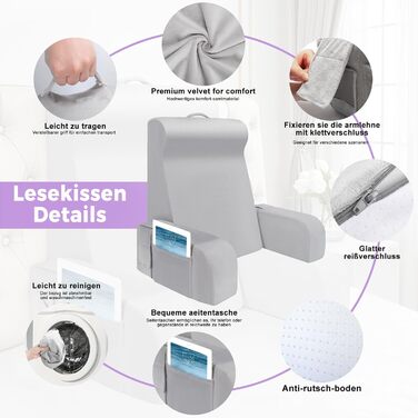 Подушка для читання Babenest зі знімними підлокітниками, зручна та легка подушка для спини ліжка та дивана, спинка сидіння з оксамитом, що миється, для читання, ігор або перегляду телевізора (модель L-діапазону)