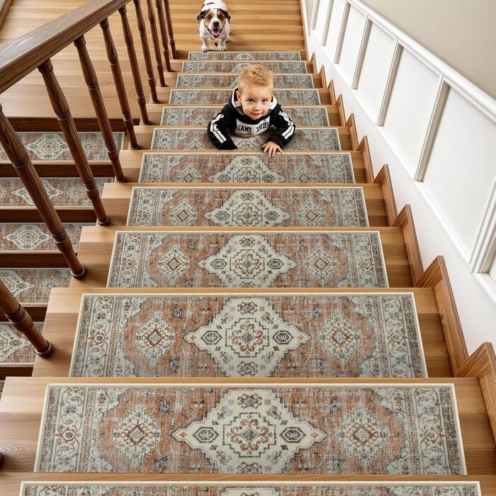 Килимки для сходів OJIA з нековзним покриттям для дерев&39яних сходів у приміщенні, 76,2 x 20,3 см, м&39які, що праються, доріжка для сходів, килимки для сходів, килимки для дітей, домашніх тварин, людей похилого віку, 15 шт. , бежевий