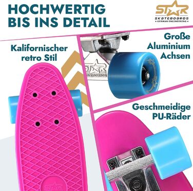 Скейтборд BIKESTAR Vintage Retro Cruiser 60 мм - круїзерний скейтборд для дітей та дорослих, початківці від 6-8 років, ретро дизайн Berry & Blue