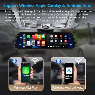 Дзеркальний відеореєстратор Podofo з бездротовим автопрогравачем, Android Auto з HD-камерою заднього виду 9,66-дюймовий IPS сенсор