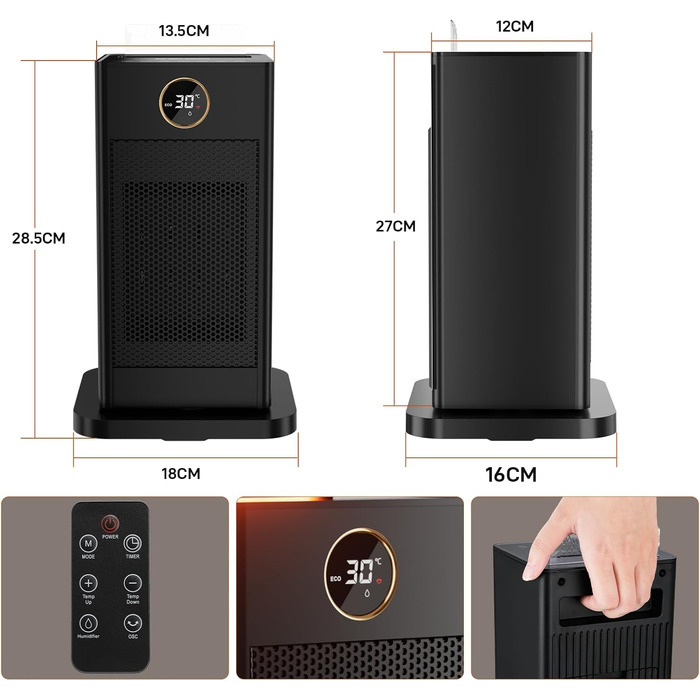 Керамічний вентилятор-обігрівач LIFERUN, енергозберігаючий із зволожувачем повітря, світлодіодне підсвічування полум&39я, тиха робота, швидкий нагрів за 2 секунди, коливання 90, з пультом дистанційного керування та таймером, електричний обігрівач для спал