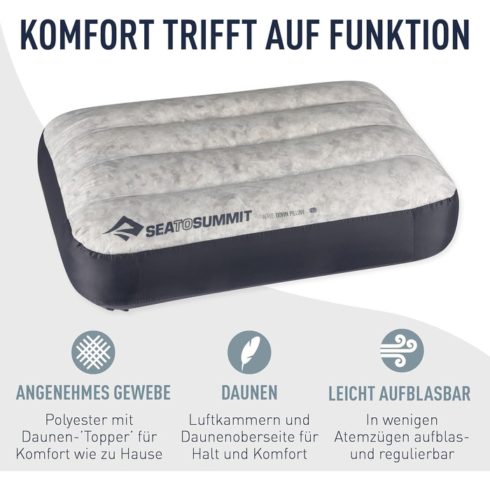 Дорожня подушка Aeros Down L - Ультралегка та надувна - Матеріал 10D - Преміальна пухова подушка - Нековзка - Для походів та кемпінгу - 42 x 28 x 12 см - Сіра - 95 г Велика сіра