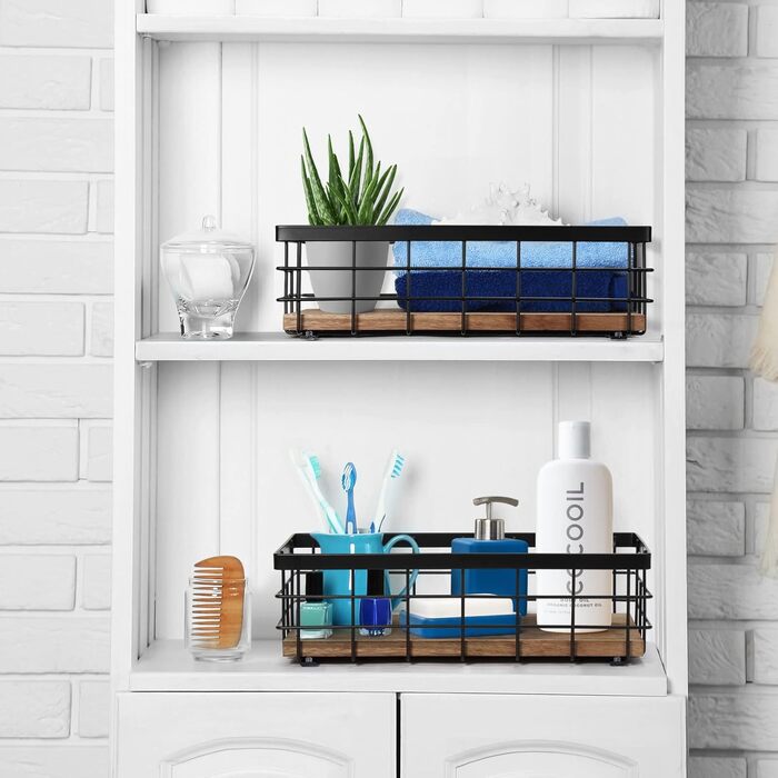 Невеликий металевий кошик, декоративний дерев&39яний органайзер для ванної кімнати, кухні, кошик для зберігання туалетного паперу, пакетика цукру, кавового сиропу, рушника для гостей, серветки (2 шт., колір дерева) чорний