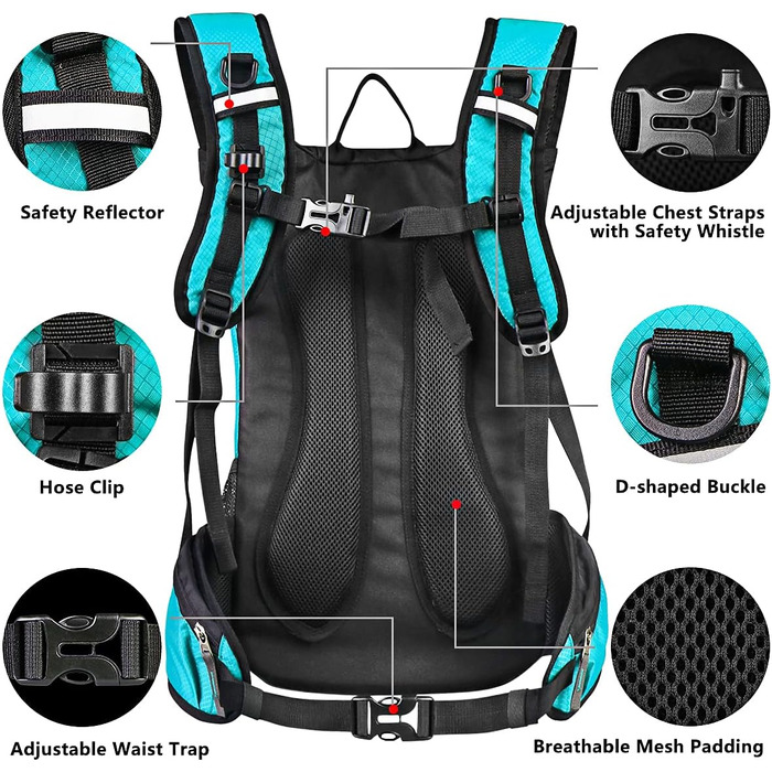 Гідратаційний рюкзак, 20 л / 2 л камера, Водонепроникний, Нейлон/Пластик, Чорний матовий