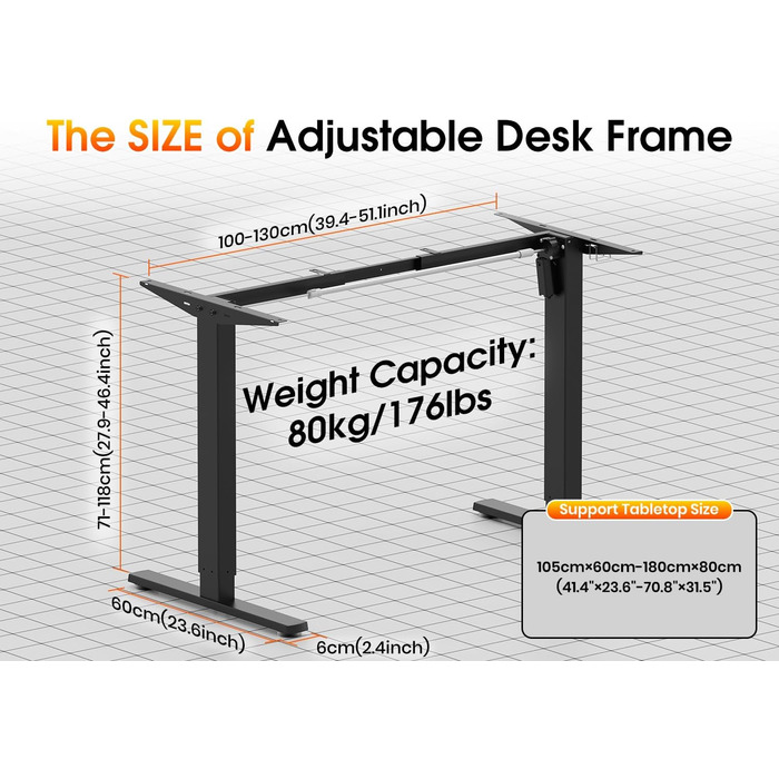 Електрична регульована по висоті рама столу, регульована по висоті рама столу з потужним двигуном, пам&39яттю положення та функцією запобігання зіткненням, 1 двигун, чорний колір