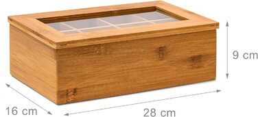 Коробка для чаю Relaxdays на 8 відділень, бамбук, для зберігання пакетиків чаю, коробка для чаю з віконцем, ВхШхГ 9 х 28 х 16 см,