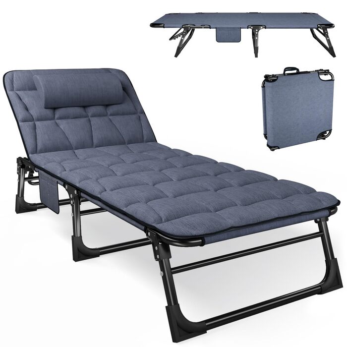 Складаний шезлонг з 4 регульованими положеннями спинки, портативна універсальна комбінація кемпінгового ліжка/шезлонга для саду, басейну, патіо, м&39який матрац та подушки - синій