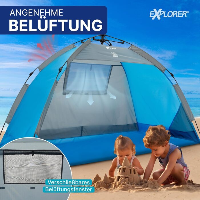Автоматичний пляжний намет EXPLORER із захистом від ультрафіолету 80 190x100x110 см Компактний розмір, легкий та швидке встановлення за лічені секунди, пляжний намет, сонцезахисний козирок, автоматичний вітрозахисний козирок, синій