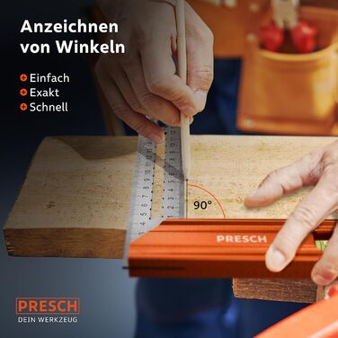 Кут зупинки Presch - Висока точність і нержавіюча сталь - Інноваційний ударний датчик 25 см - Точний кут столяра, включаючи спиртовий рівень і шпильку для максимальної універсальності - Ідеальні 90 і 45 (набір з 3 шт. )