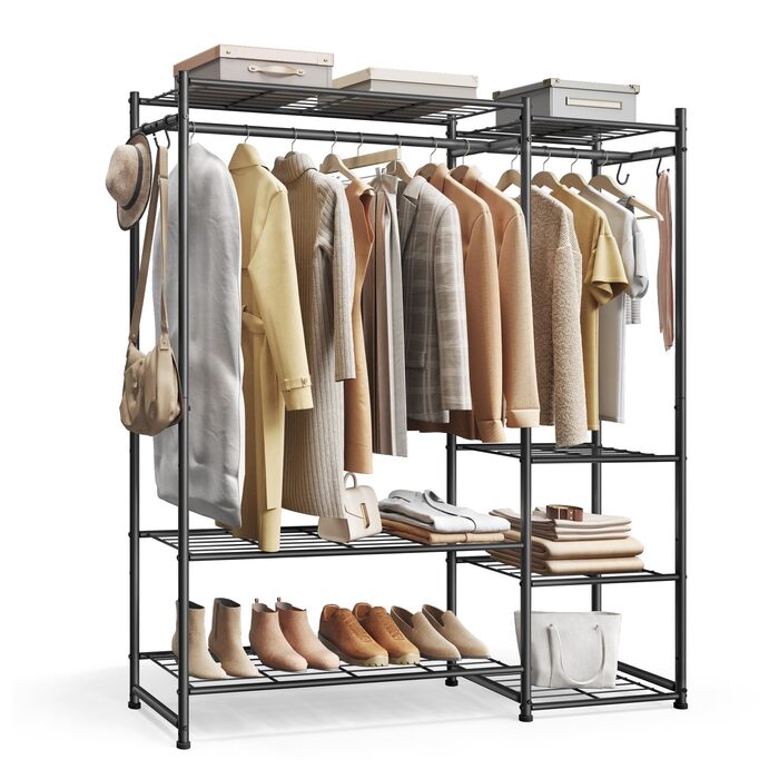 Вішалка для одягу SONGMICS, Відкрита шафа, Вішалка для пальто з 7 полицями, 2 вішалки для одягу, 4 S-подібних гачки, Металевий каркас, для спальні, вітальні, вхідної зони, Чорний LGR010BZ01 124.8W см
