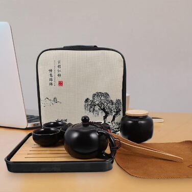 Портативний чайний набір Кунг-Фу для подорожей, керамічний, чорний, з підносом, нековзкий та ударостійкий, для дому та активного відпочинку
