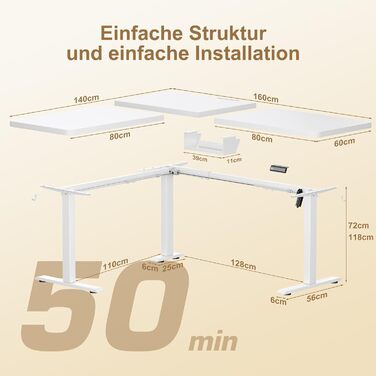 Г-подібний стіл з регульованою висотою, електричним керуванням та 3 налаштуваннями пам&39яті, кутовий стіл 160 x 140 см з органайзером для кабелів та гачками, ергономічний комп&39ютерний стіл, білий, 160 x 140 см