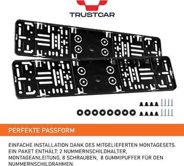 Тримач номерного знака TRUSTCAR Frameless 2 Pack - універсальний тримач номерного знака для автомобіля - сумісний з будь-яким номерним знаком, затвердженим ЄС - включаючи аксесуари для кріплення - 520 мм x 110 мм - чорний 2 шт. и