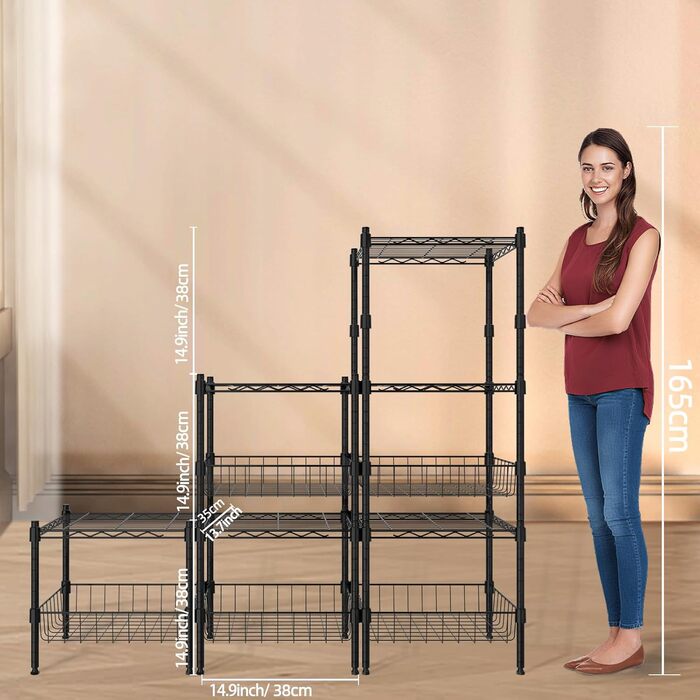 Металева стійка для зберігання, регульована штабелювальна стійка, штабелювана та розширювана стелажна система, міцна стелажна система для зберігання, полиця-органайзер для шафи (чорна, 2 рівні)