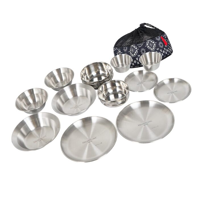 Набір туристичного посуду з нержавіючої сталі на 12 осіб, сріблястого кольору, штабельований, для подорожей та щоденного використання, ідеальний для кемпінгу та пікніків