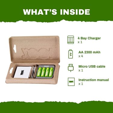 Зарядний пристрій PeakPower для акумуляторів типу AA AAA USB-зарядний пристрій, захист від перезаряджання, таймер безпеки Компактний зарядний пристрій на 4 слоти з 4 батареями типу AA 2300 мАг 4 батареями типу AA