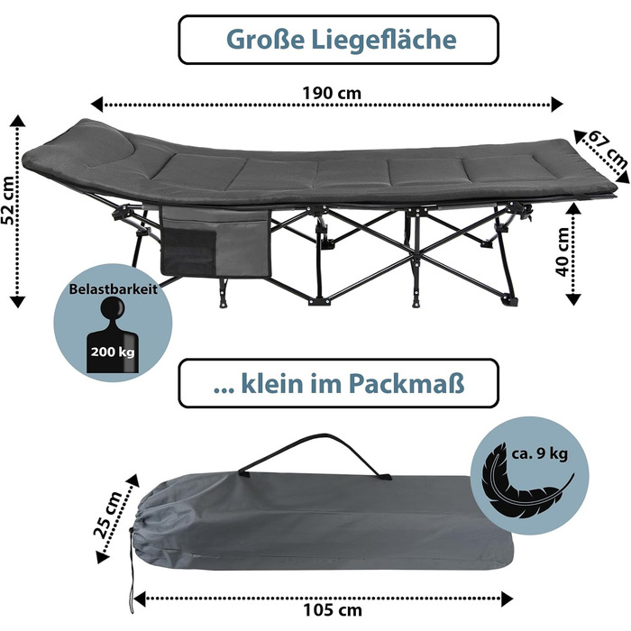 Ліжко для кемпінгу ALPIDEX, похідне ліжко до 200 кг, бічна кишеня, зручне, з м&39якою підкладкою, складне, розкладне гостьове ліжко, шезлонг, кемпінг, сад, сірий