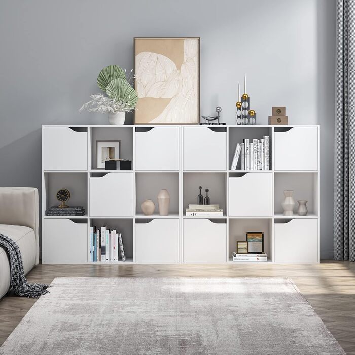 Книжкова полиця FirFurd, біла полиця, книжкова шафа з 5 дверцятами та 9 відділеннями, полиця для зберігання, офісна полиця для вітальні/кабінету, 90 x 29 x 90 см