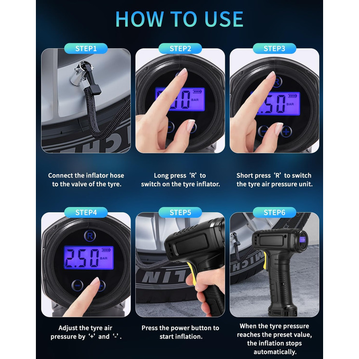 Електричний повітряний насос, автомобільний компресор, 154x73x52 мм, 10.3 бар / 150 PSI, ABS-пластик, сріблясто-сірий/чорний