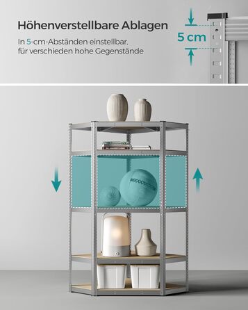 Кутова полиця SONGMICS, 5 ярусів, міцна полиця, металева, полиця для гаража, комори, полиця для підвалу, вантажопідйомність до 875 кг, сріблясто-натурально-бежевий GLR080E01 сріблястий натуральний бежевий