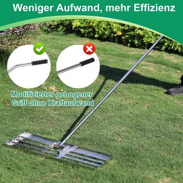Професійний вирівнювач газону з нержавіючої сталі 76x25 см, з міцною металевою ручкою 201 см. Важкий рівневий грабель для піскування та вирівнювання трави для саду, подвір'я, гольф-поля та пасовища.