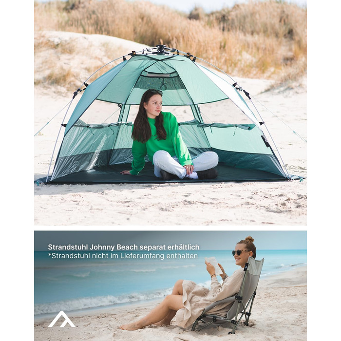 Пляжний навіс qeedo Quick Bay із захистом від ультрафіолету (UV80) для 2 осіб, включаючи сумку на колесах, пластикові кілочки та відтяжки - захист від сонця для сімей, дітей, немовлят або собак - Sandgrey Light Sand